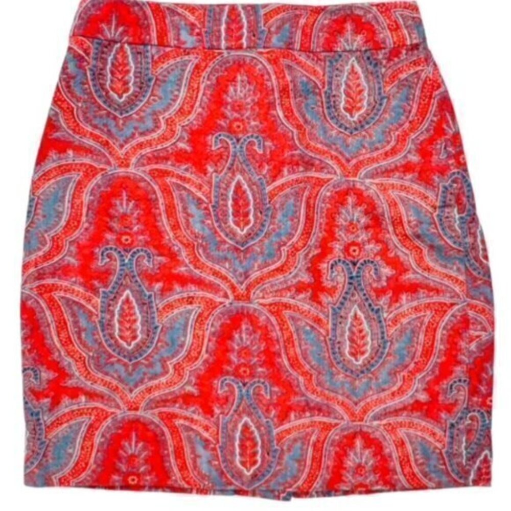 J. Crew No. 2 Pencil Skirt Womens Size 00 Red Blue Paisley STUNNING Preppy Lined